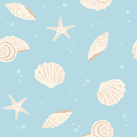 Seamless pattern with sea, shell and starfish. Illustration seabed summer in flat style for...