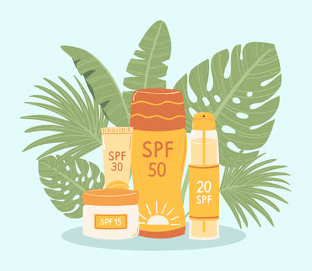 Composition sunscreens with SPF. Sun protection products and tropical leaves on blue background. Concept protection uv radiation. summer cosmetic. Illustration skin care, cream, spray, tube. Vector.のイラスト素材