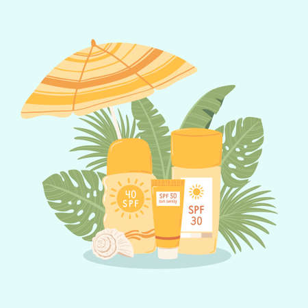 Composition sunscreens with SPF. Sun protection products and tropical leaves, umbrella on blue...