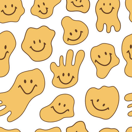 Seamless pattern retro 1970s smiley face. Background with positive and psychedelic symbol for wallpaper, fabric, textiles. Illustrations yellow smiling badge in vintage style. Vectorのイラスト素材