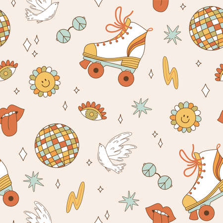 Seamless pattern retro 1970s. Psychedelic groove elements. Background with roller skates, glasses...