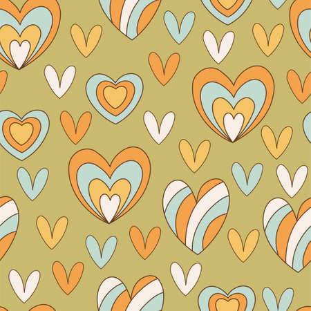 Seamless pattern retro 70s hippie. Psychedelic groove elements. Background with colorful heart in vintage style. Illustration with positive symbols for wallpaper, fabric, textiles. Vectorのイラスト素材