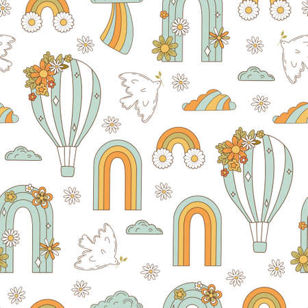 Seamless pattern retro 70s hippie. Psychedelic groove elements. Background with rainbow and dove in vintage style. Illustration with positive symbols for wallpaper, fabric, textiles. Vectorのイラスト素材