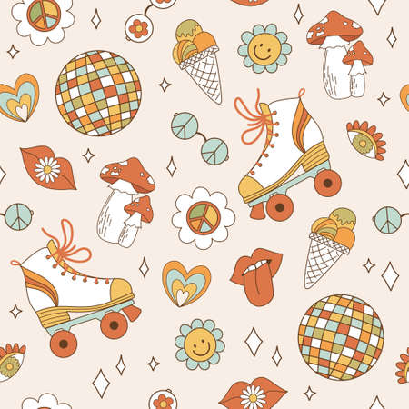 Seamless pattern retro 1970s hippie. Psychedelic groove elements. Background with roller skate,...