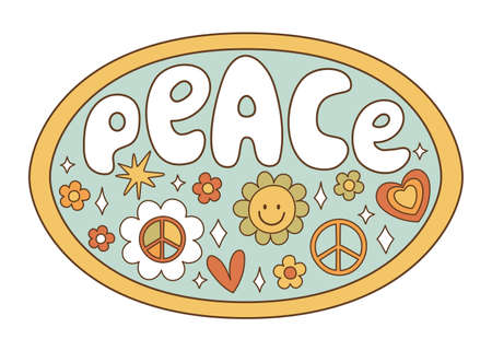 Lettering sticker retro 70s hippies. Psychedelic groove elements. Funny illustrations with word peace in flat style. Positive and peace symbols in vintage style. vectorのイラスト素材