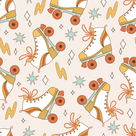 Seamless pattern retro 70s hippie. Psychedelic groove elements. Background with roller skates in vintage style. Illustration with positive symbols for wallpaper, fabric, textiles. vectorのイラスト素材