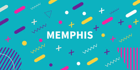 abstract Memphis style retro background with multicolored simple geometric shapes. Vector Illustrationのイラスト素材