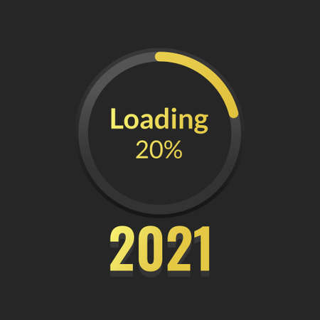 New Year's Concept 2021 with circle loading progress bar in gold on a black screen with a 20% number. Vector Illustrationのイラスト素材