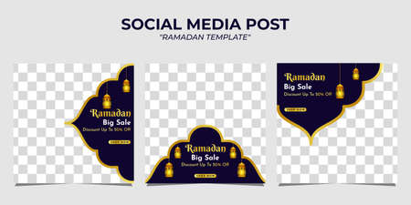 Set of ramadan sale square banner templates on dark purple background. It is suitable for greeting cards, social media posts, ramadan posters, web ads, etc.のイラスト素材