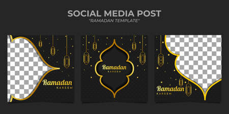 Set of ramadan sale square banner templates on black background. It is suitable for greeting card, social media post, ramadan poster, web ads, etc.のイラスト素材