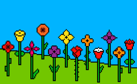 Set of various colorful pixel flowers with black outlines on green and blue pixel background. Vector illustration for your graphic design.のイラスト素材