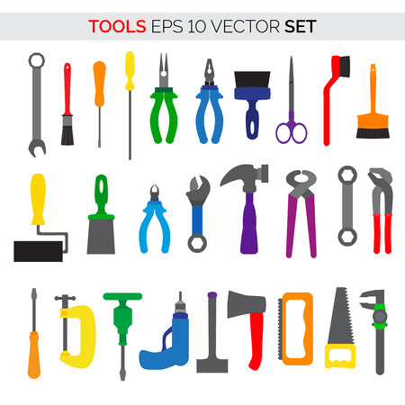 Set of various colorful cartoon tools isolated on white background. Colorful cartoon repair tools.  Vector illustration for your graphic design.のイラスト素材