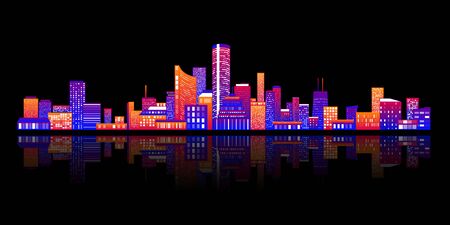 Horizontal city scape with colorful various buildings with little windows on  dark backgrounds. City scape outline. Vector illustration for your graphic design.のイラスト素材