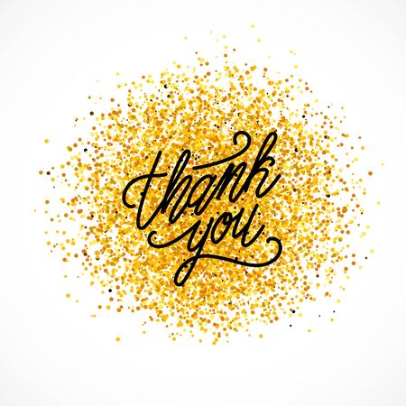 Thank you inscription on golden glittery background. Hand lettering. Simple thank you card. Vector illustration for your graphic design.のイラスト素材