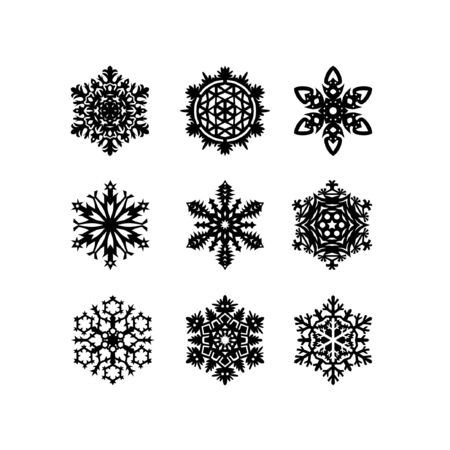 Set of various beautiful black snowflakes isolated on white background. Vector illustration for your graphic design.のイラスト素材