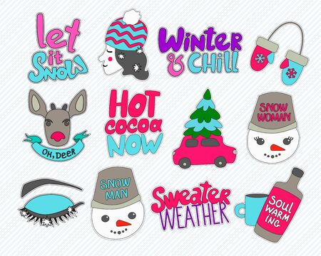 Set of winter themed patches. Funny and colorful winter stickers. Vector illustration for your graphic design.のイラスト素材