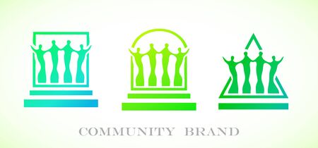 Four figures holding hands logo types. Set of group and community vector logo. Vector illustration for your graphic design.のイラスト素材