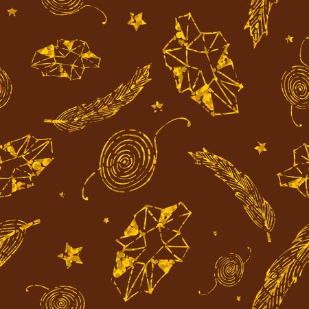 Seamless golden hippie pattern with feathers, gems, stars and abstract elements on brown background. Hand drawn repetitive pattern. Vector illustration for your graphic design.のイラスト素材