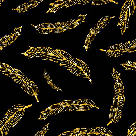 Seamless complex hippie pattern with golden feathers on black background. Vector illustration for your graphic design.Dのイラスト素材