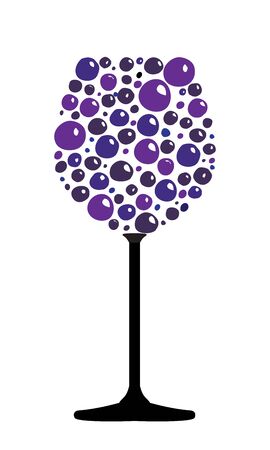 Stylized wine glass with  violet and blue bubbles or grapes. Vector illustration.のイラスト素材