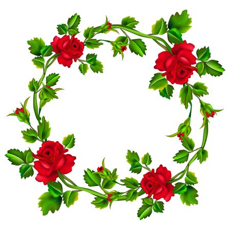 Flower frame isolated on white background. Red rose wreath. Roses with leaves in circle with place for the text or image. Mesh.のイラスト素材