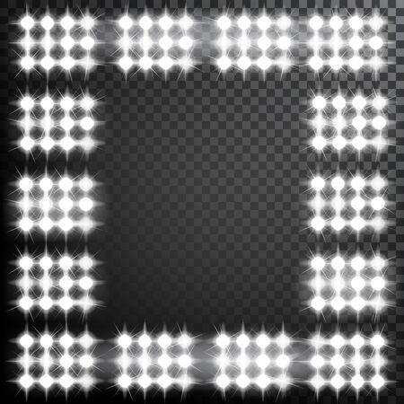 Glowing spotlights. Set of illumination stage lights. Frame with rows of lamps. Vector illustration for your graphic design.のイラスト素材
