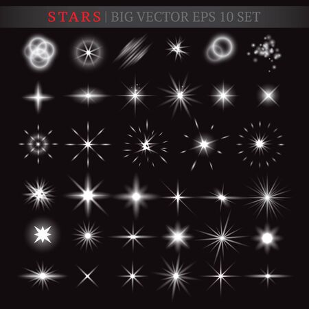 Big set of half-transparent various shining white stars. Stars, bursts, and lights of various shapes. Vector illustration for your graphic design.のイラスト素材