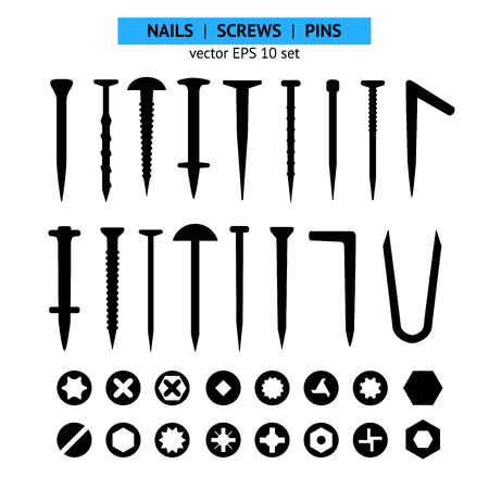 Set of various nails and screws isolated on white background. Vector illustration for your graphic design.のイラスト素材