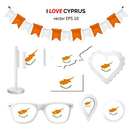 Cyprus symbols attribute. Heart, flags, glasses, buttons, and garlands with civil and state Cyprus colors. Vector illustration for your graphic design.のイラスト素材