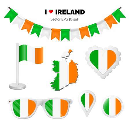 Ireland symbols attribute. Heart, flags, glasses, buttons, and garlands with civil and state Ireland colors. Vector illustration for your graphic design.のイラスト素材