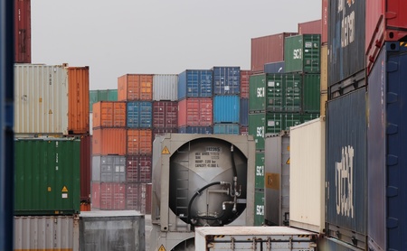 Container reloading site  with colerful bulk freight のeditorial素材