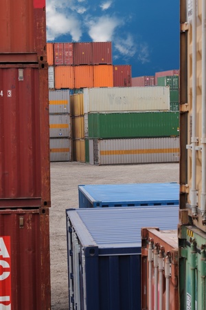 Container reloading site with colerful bulk containersのeditorial素材