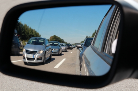 Traffic jam in a car mirrorの写真素材