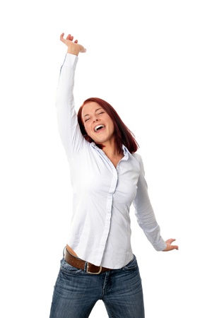 Happy crazy young woman jumpingの写真素材