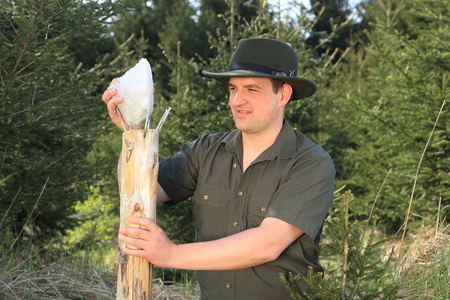 A Forester fixing a mineral salt lick for animalsの写真素材