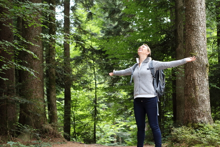 A Woman happy in nature forestの写真素材