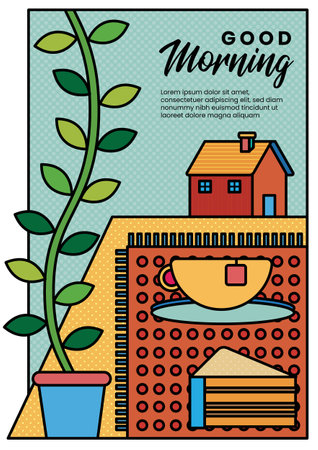 Vector illustration for cityscape scene colorful outlines, Bold simple design vector. Morning coffee poster design. Flyer template.のイラスト素材