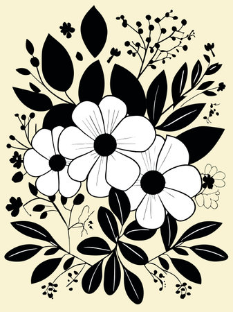 Floral background with flowers and leaves in black and white colors.のイラスト素材