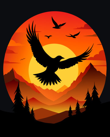 Silhouette of eagle flying in the sunset sky, vector illustrationのイラスト素材