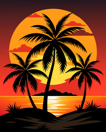 Tropical sunset with palm trees on the island. Vector illustration.のイラスト素材