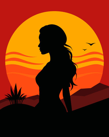 Silhouette of a woman on the background of the setting sunのイラスト素材