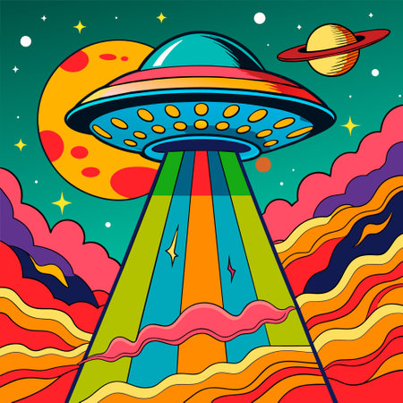 UFO in the sky. Vector illustration in pop art style.のイラスト素材