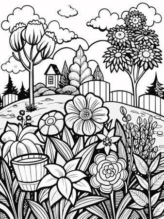 Black and white vector illustration of a garden with flowers and houses.のイラスト素材