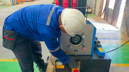 A man operate electrical hydraulic hose press or crimp machine.の写真素材