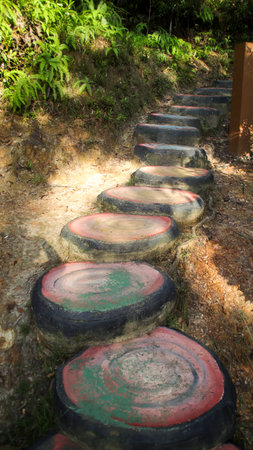Log shape stepping stone pathway laying on the ground at garden or park.