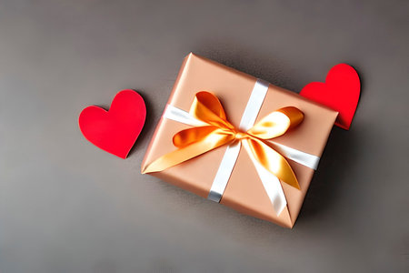 Present or gift box tied with white ribbon knot with negative space and red love paper.の写真素材