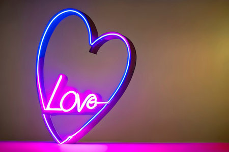The heart shapes on abstract light neon glitter background in love concept for valentines day with sweet and romantic. Neon heart glowing background space for text. Design and digital material.の写真素材