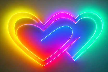 The heart shapes on abstract light neon glitter background in love concept for valentines day with sweet and romantic. Neon heart glowing background space for text. Design and digital material.の写真素材