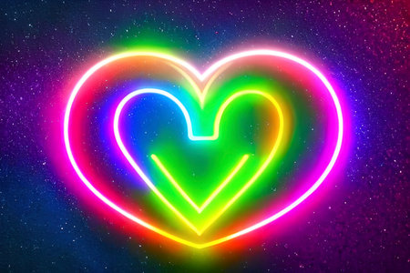 The heart shapes on abstract light neon glitter background in love concept for valentines day with sweet and romantic. Neon heart glowing background space for text. Design and digital material.の写真素材