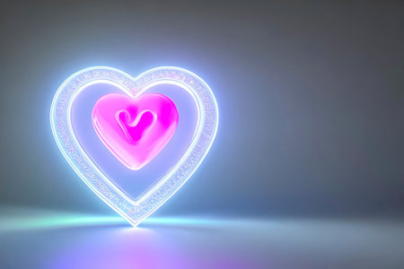 The heart shapes on abstract light neon glitter background in love concept for valentines day with sweet and romantic. Neon heart glowing background space for text. Design and digital material.の写真素材